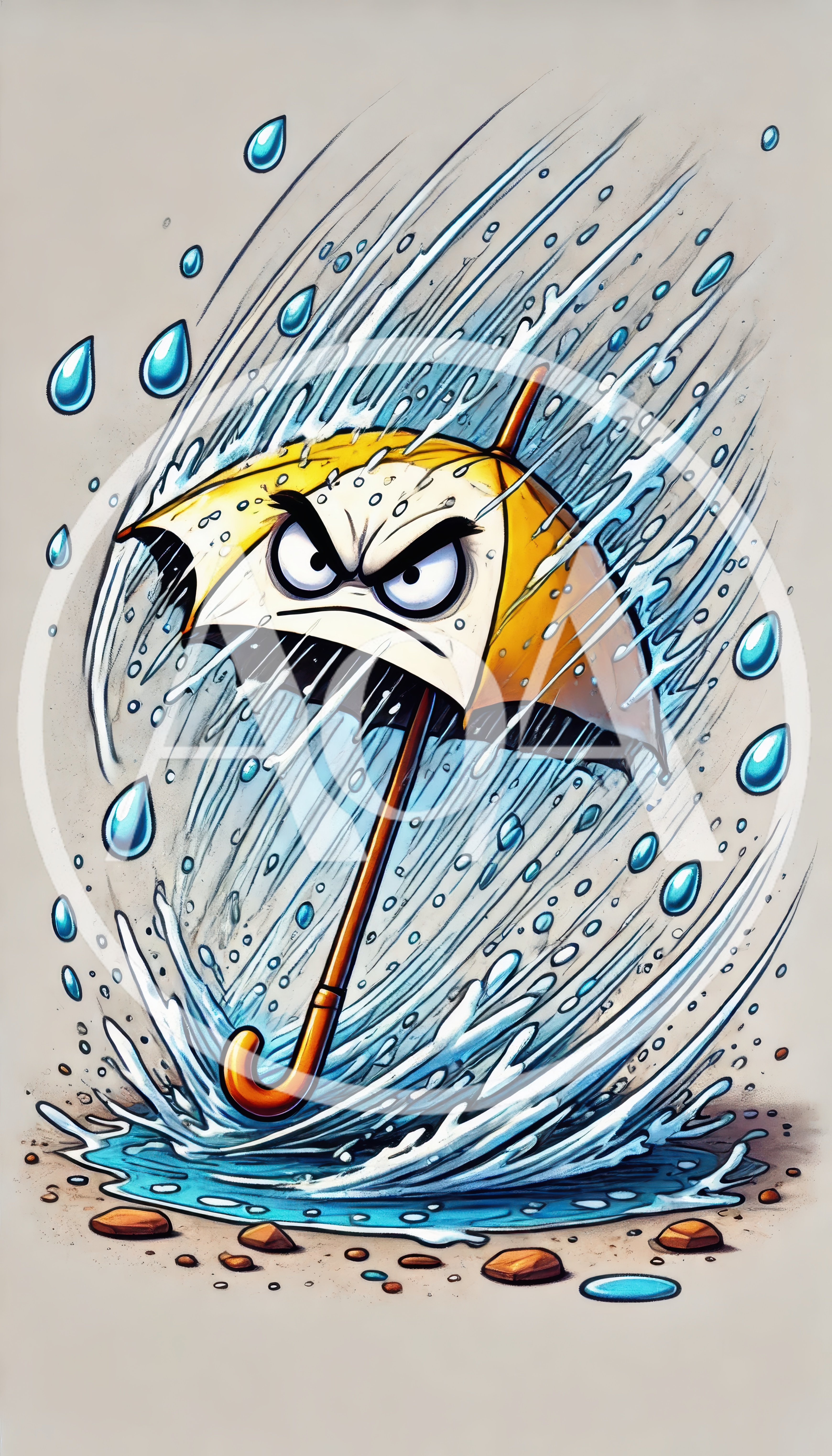 Angry Cartoon Umbrella Character In Heavy Rain