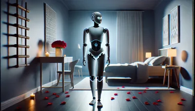 Futuristic Humanoid Robot Standing In A Romantic Bedroom