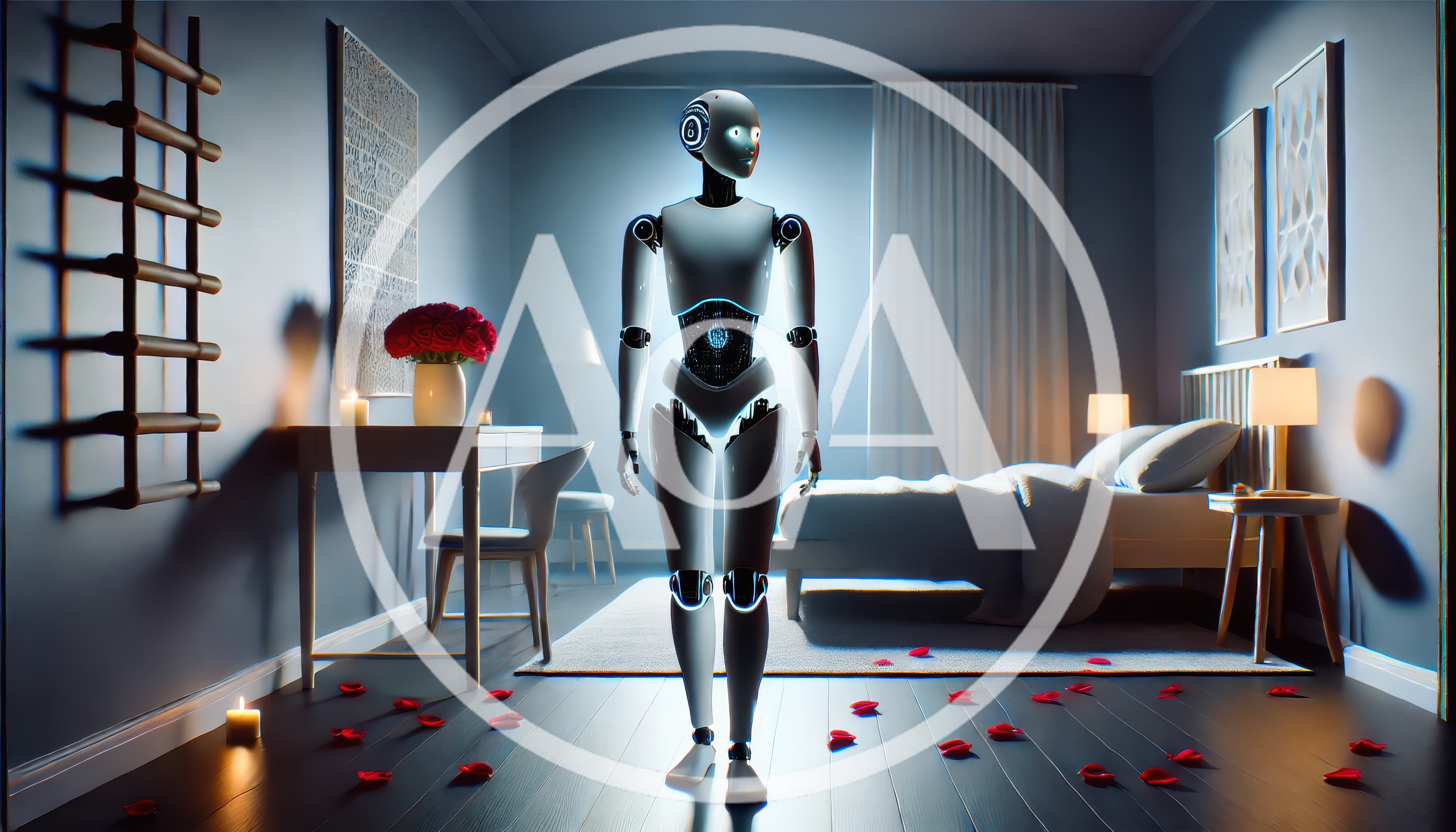 Futuristic Humanoid Robot Standing In A Romantic Bedroom