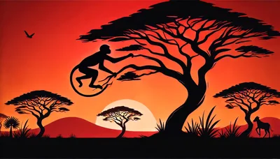 Silhouette Of A Monkey Swinging In An African Savanna