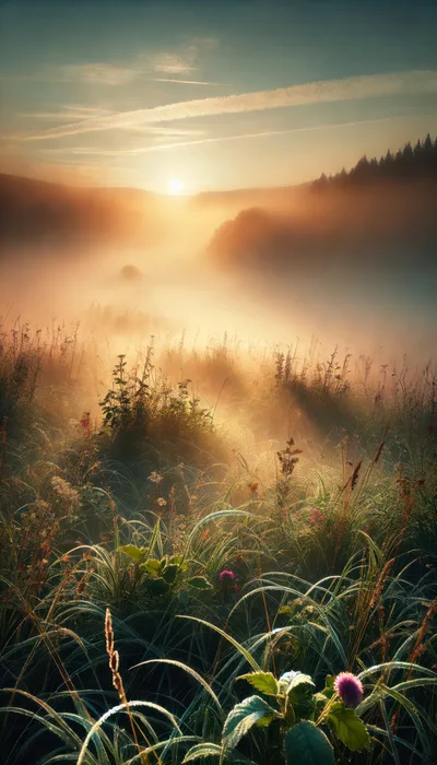 Golden Sunrise Over A Misty Meadow Landscape
