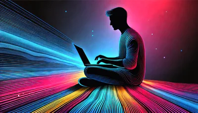 Silhouette Of A Person Using A Laptop With Neon Light Trails