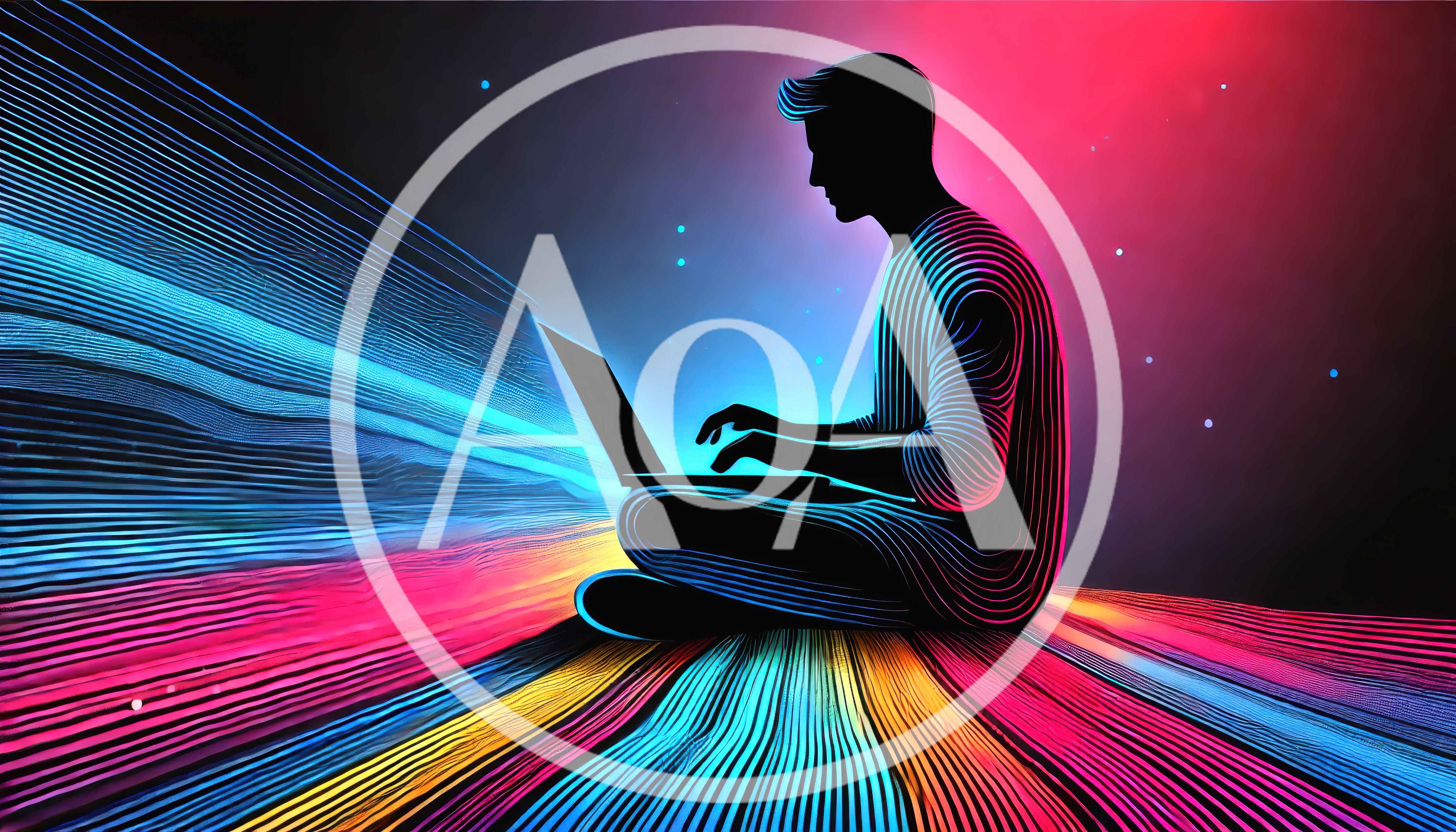 Silhouette Of A Person Using A Laptop With Neon Light Trails
