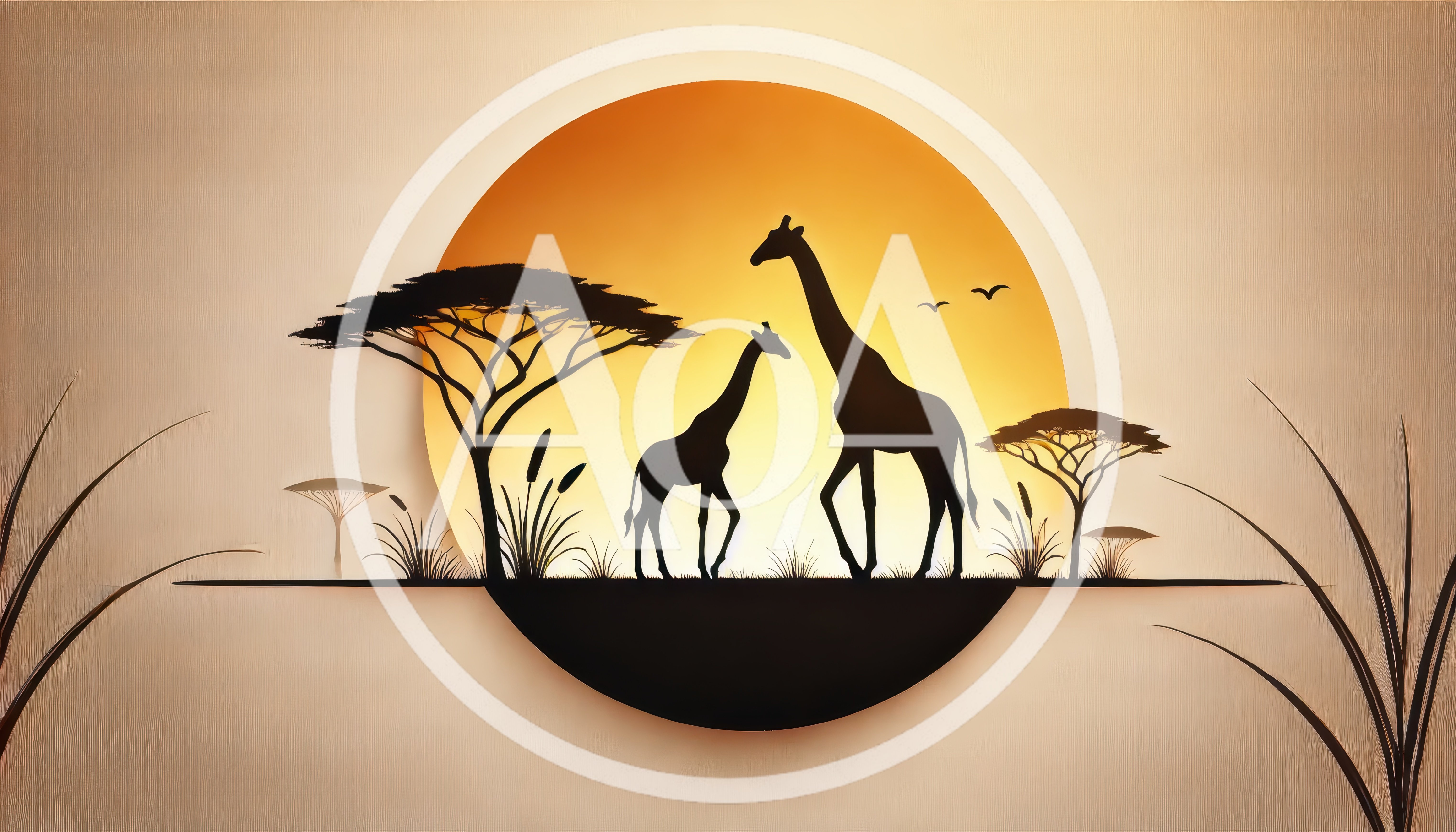 Silhouette of Two Giraffes in African Savanna Sunset