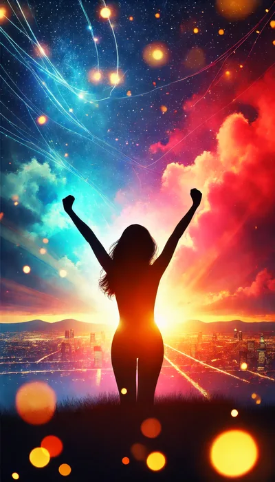 Silhouette Of A Woman Celebrating Success Over Cityscape