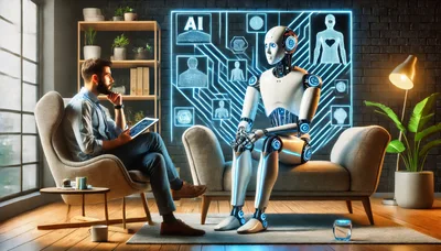 Man Consulting With Advanced Humanoid Robot In Modern Office