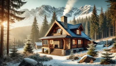 Cozy Wooden Cabin In Snowy Mountain Landscape