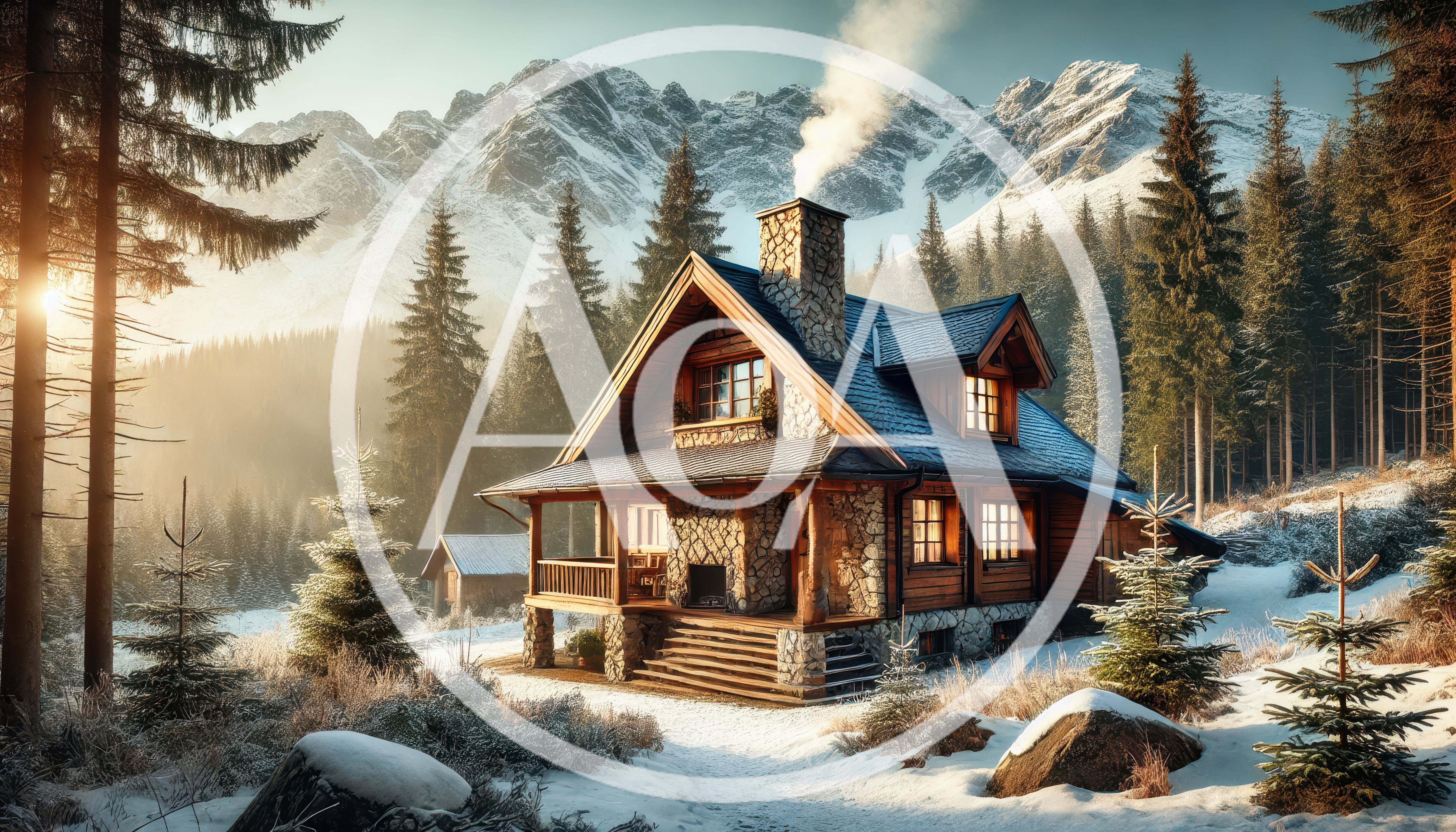 Cozy Wooden Cabin In Snowy Mountain Landscape