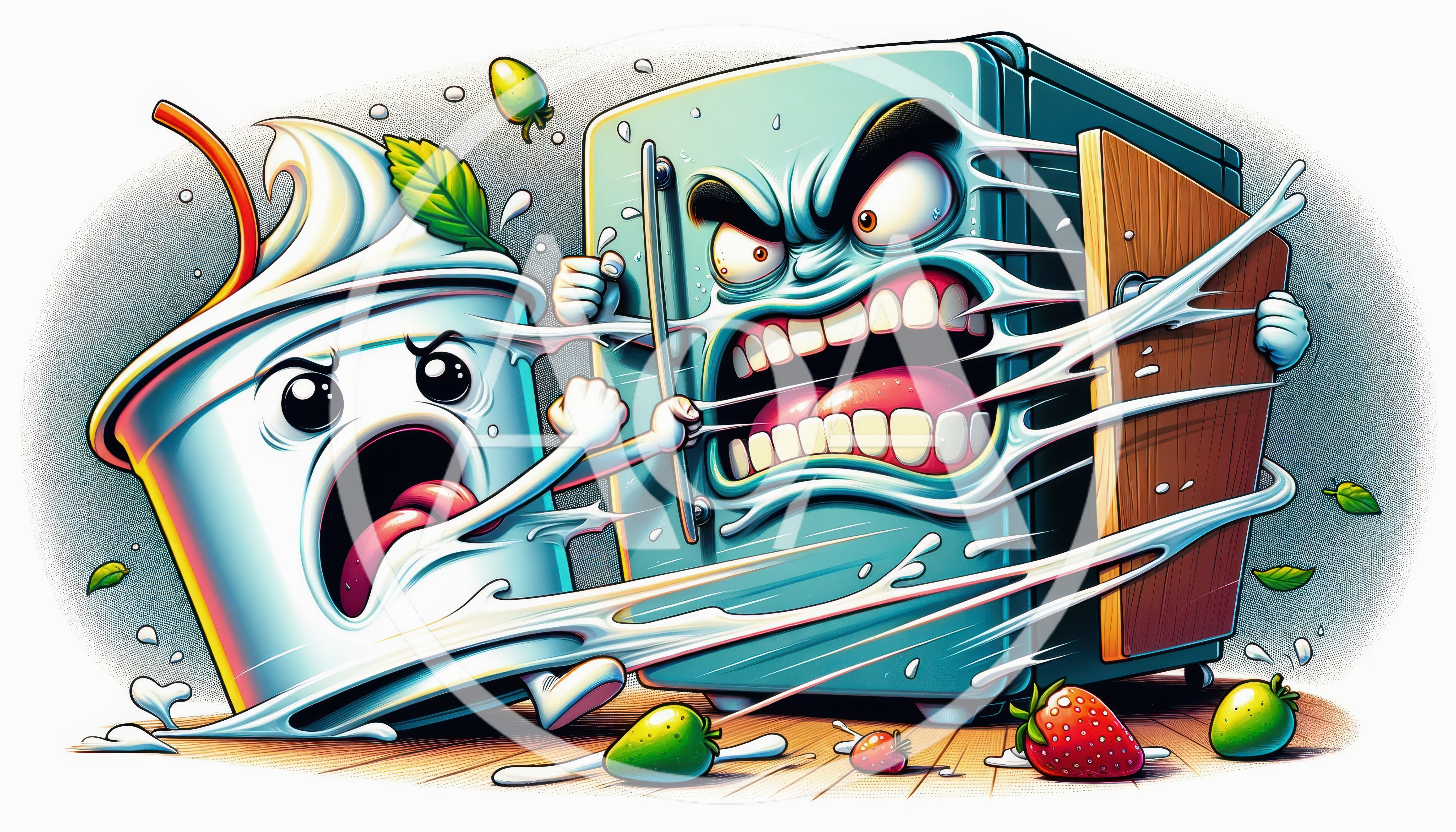 Angry Anthropomorphic Milkshake Fighting A Refrigerator
