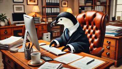 Penguin Businessman Working at Office Desk