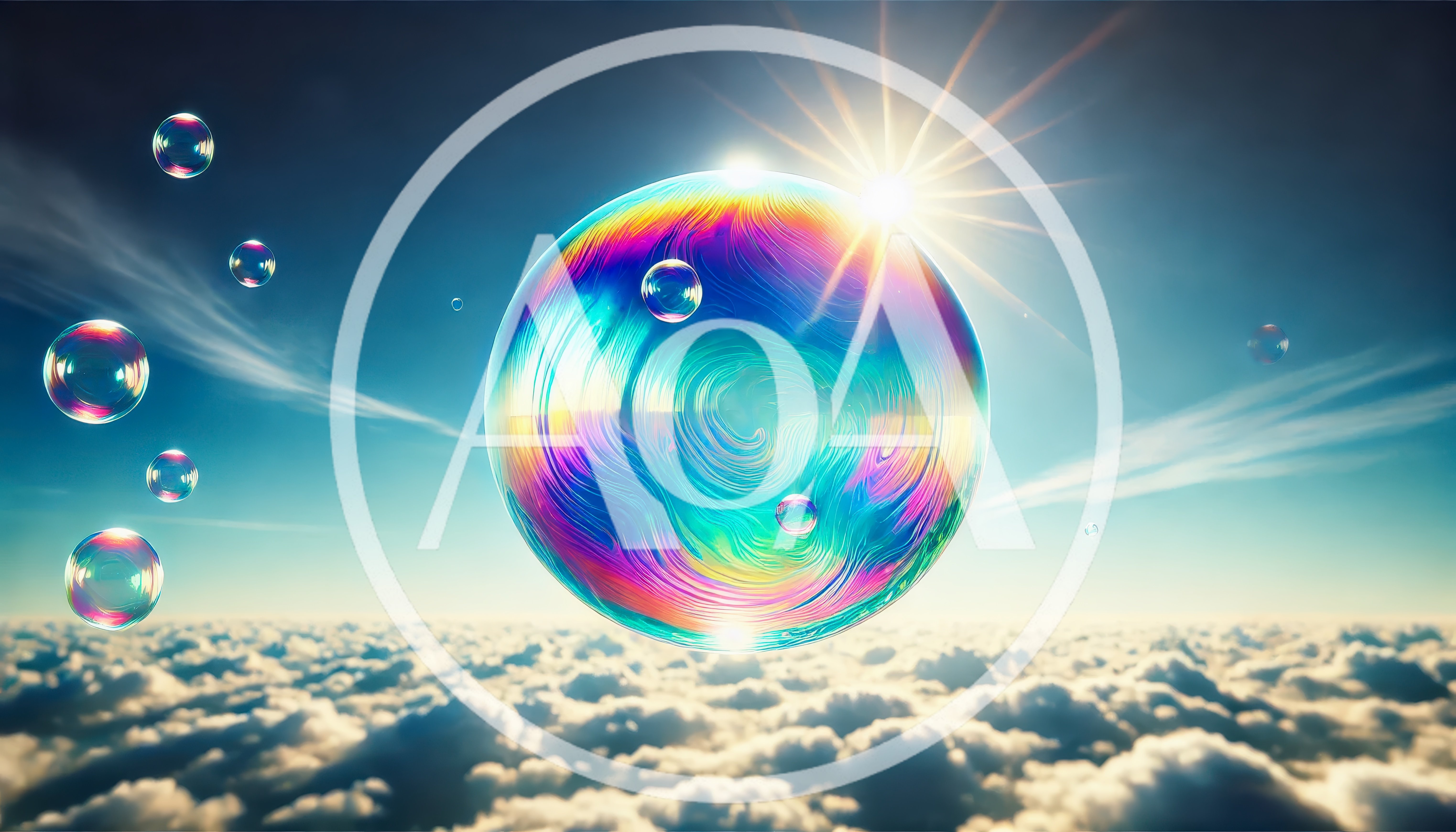 Iridescent Soap Bubble Floating Above Clouds
