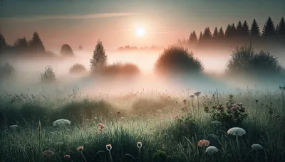 Misty Morning Sunrise Over A Wildflower Meadow