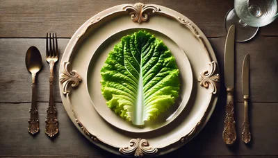 Single Fresh Lettuce Leaf on Ornate Dinner Plate