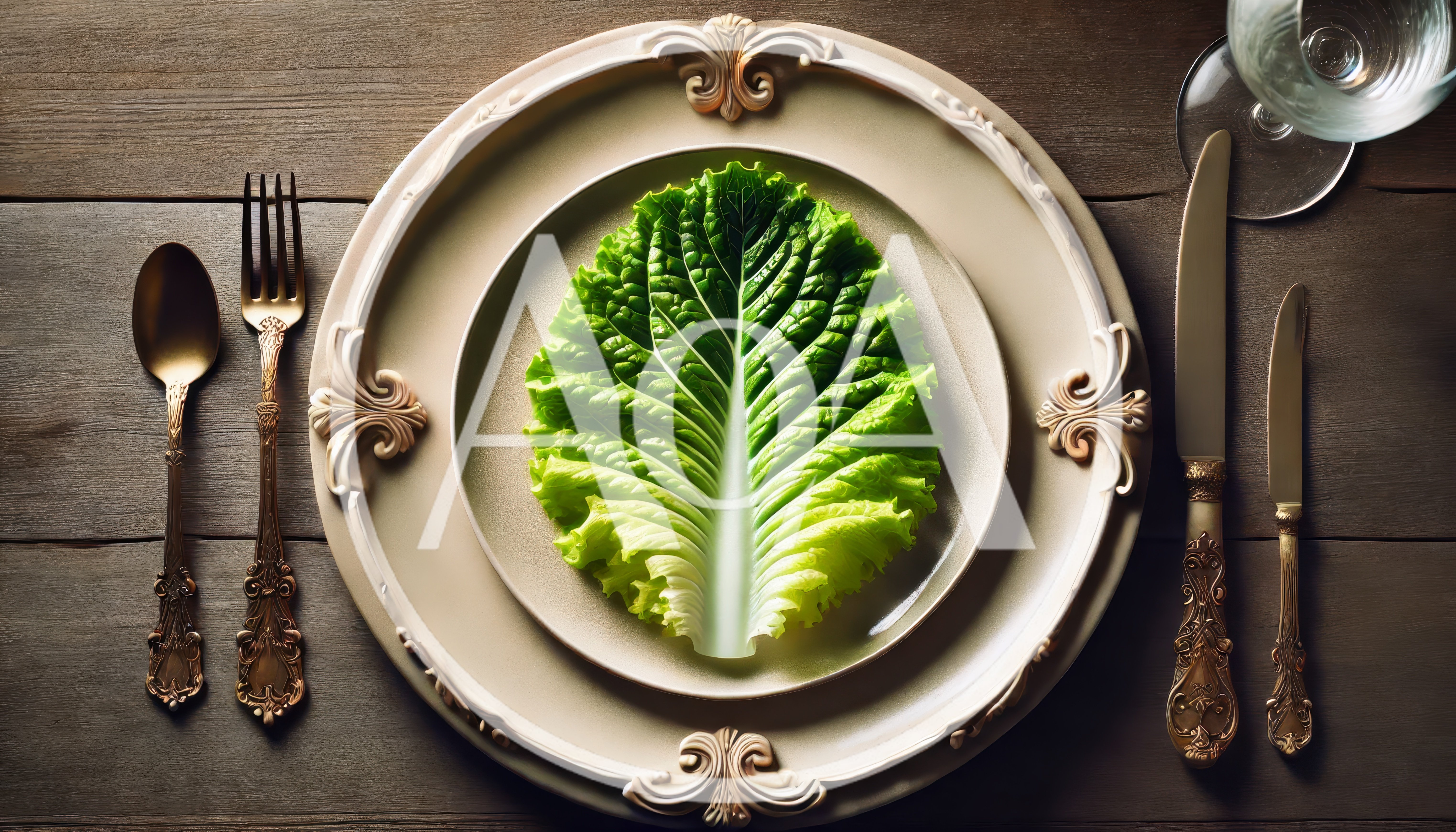 Single Fresh Lettuce Leaf on Ornate Dinner Plate
