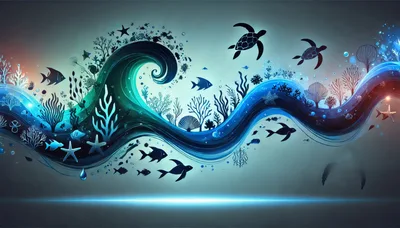 Abstract Underwater Ocean Wave With Marine Life Silhouettes