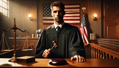 Male Judge Holding Gavel In Courtroom