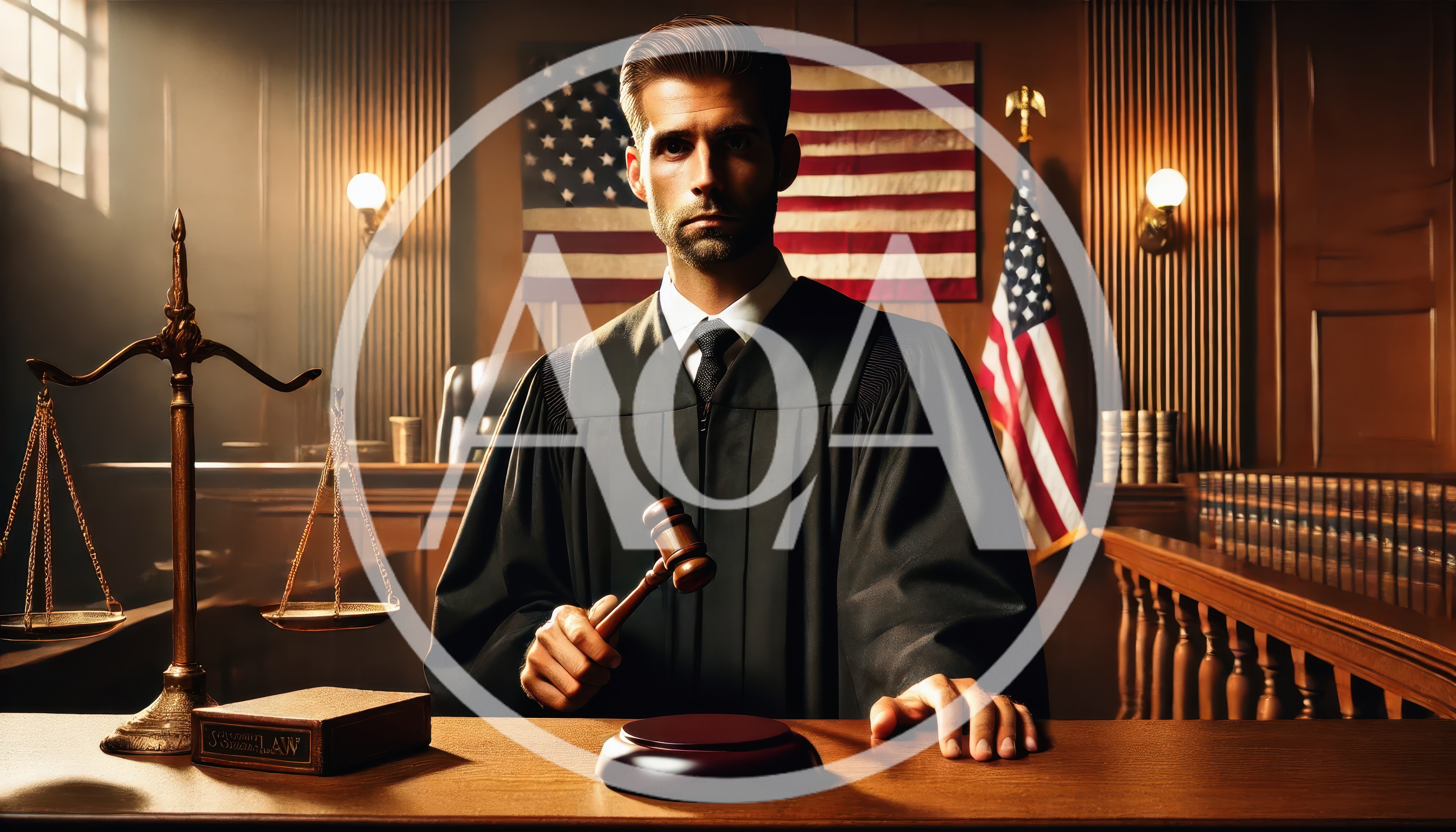 Male Judge Holding Gavel In Courtroom