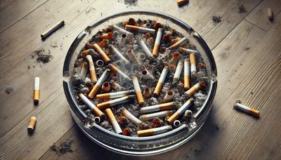 Glass Ashtray Filled With Used Cigarette Butts
