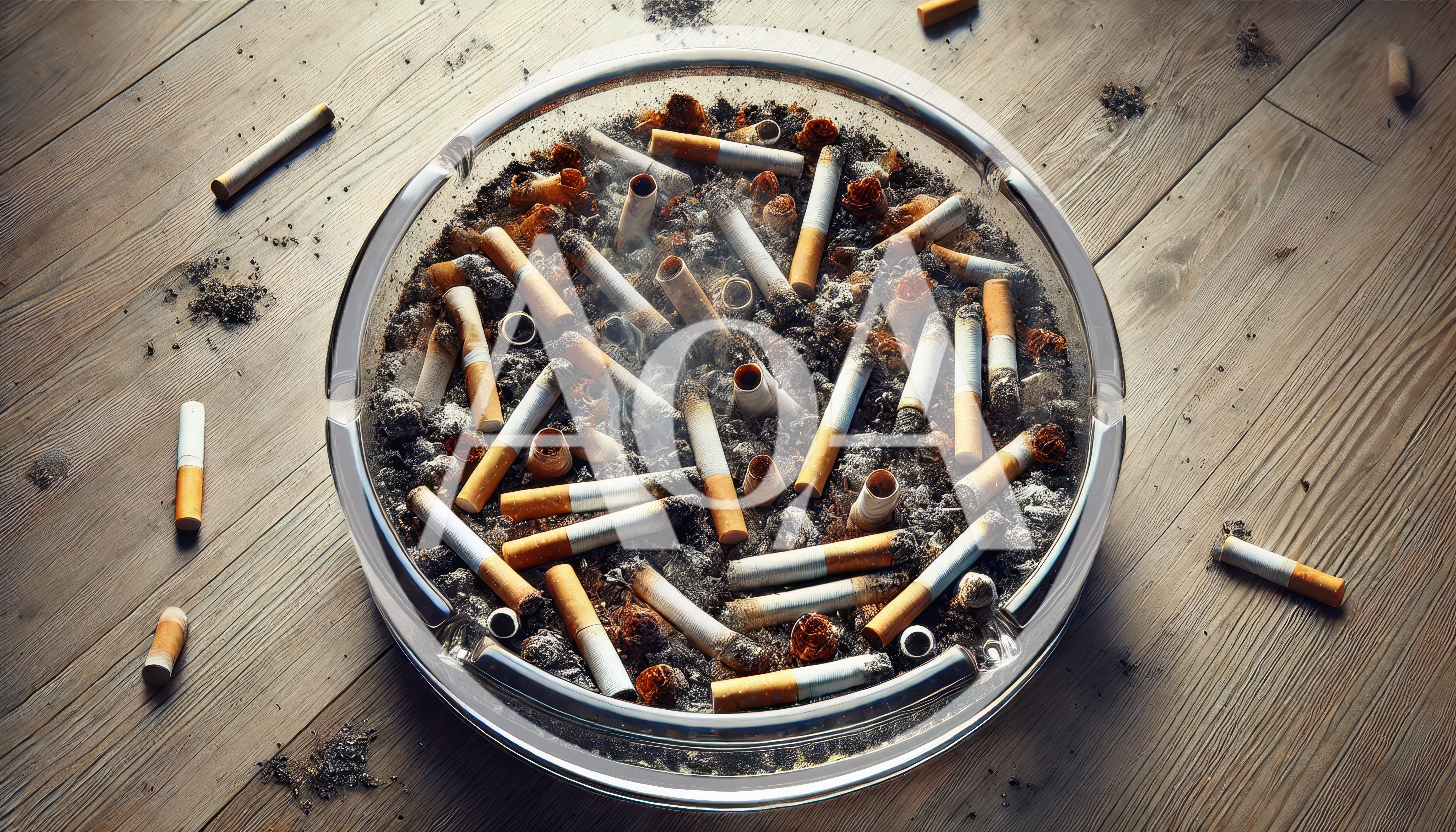 Glass Ashtray Filled With Used Cigarette Butts