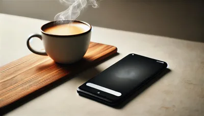 Steaming Coffee Cup And Smartphone On Wooden Board