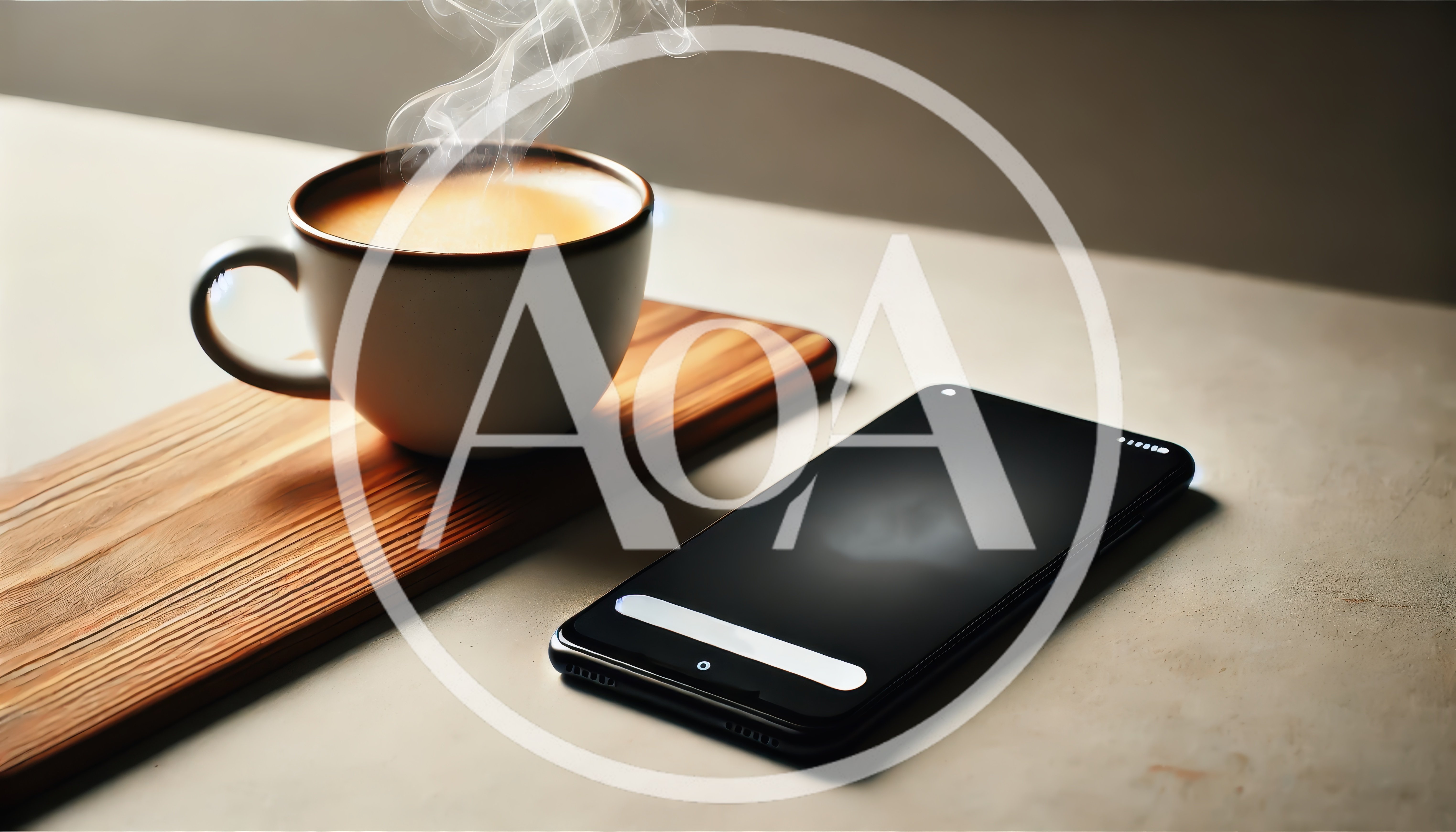 Steaming Coffee Cup And Smartphone On Wooden Board