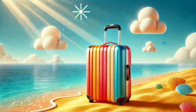 Colorful Striped Suitcase Standing On A Sunny Beach