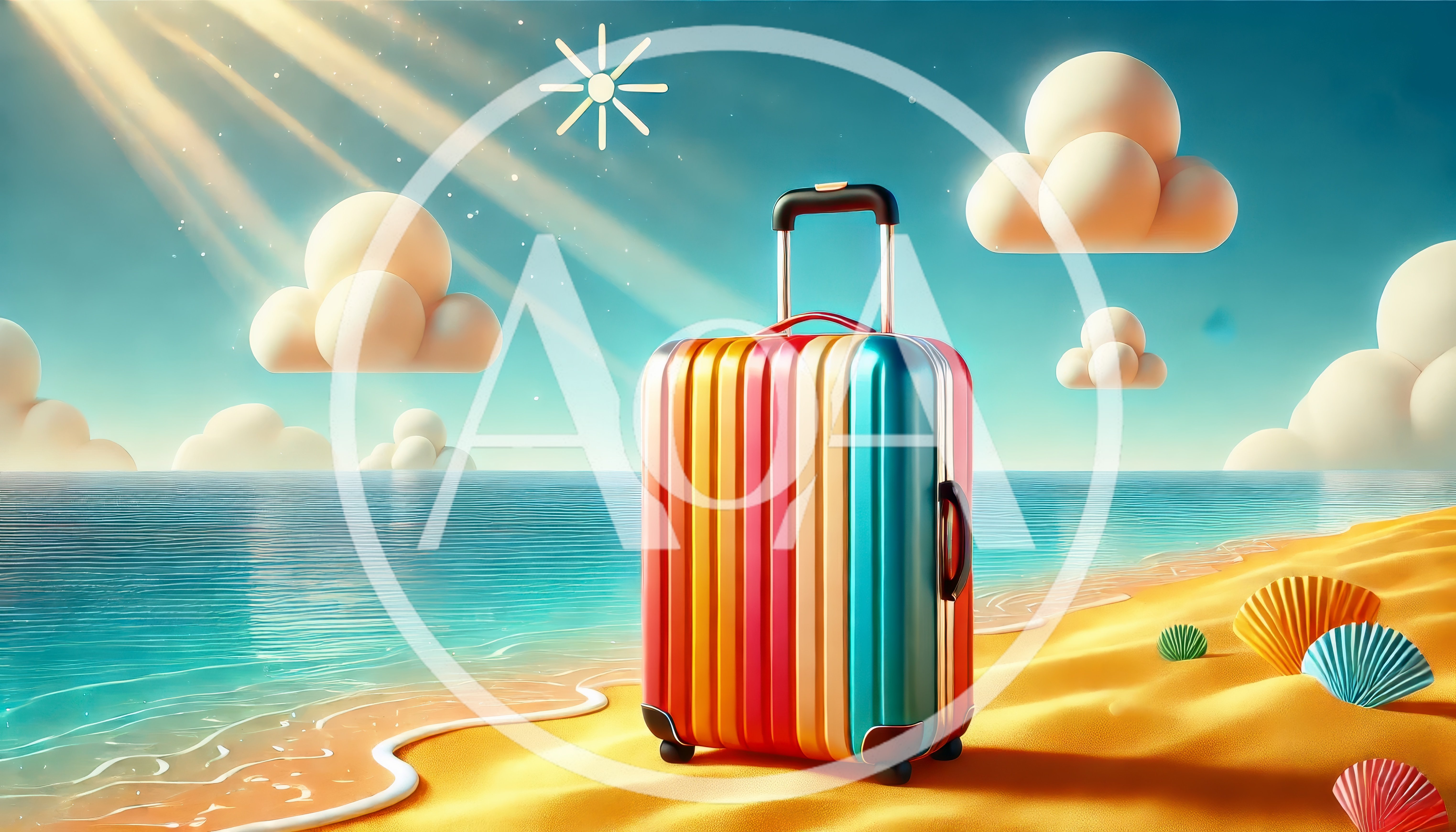 Colorful Striped Suitcase Standing On A Sunny Beach