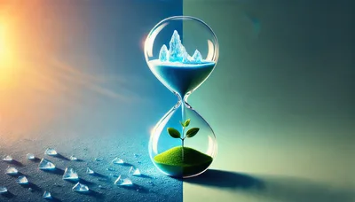 Conceptual Hourglass With Melting Ice And Growing Plant