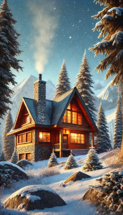 Cozy Log Cabin In Snowy Mountain Landscape