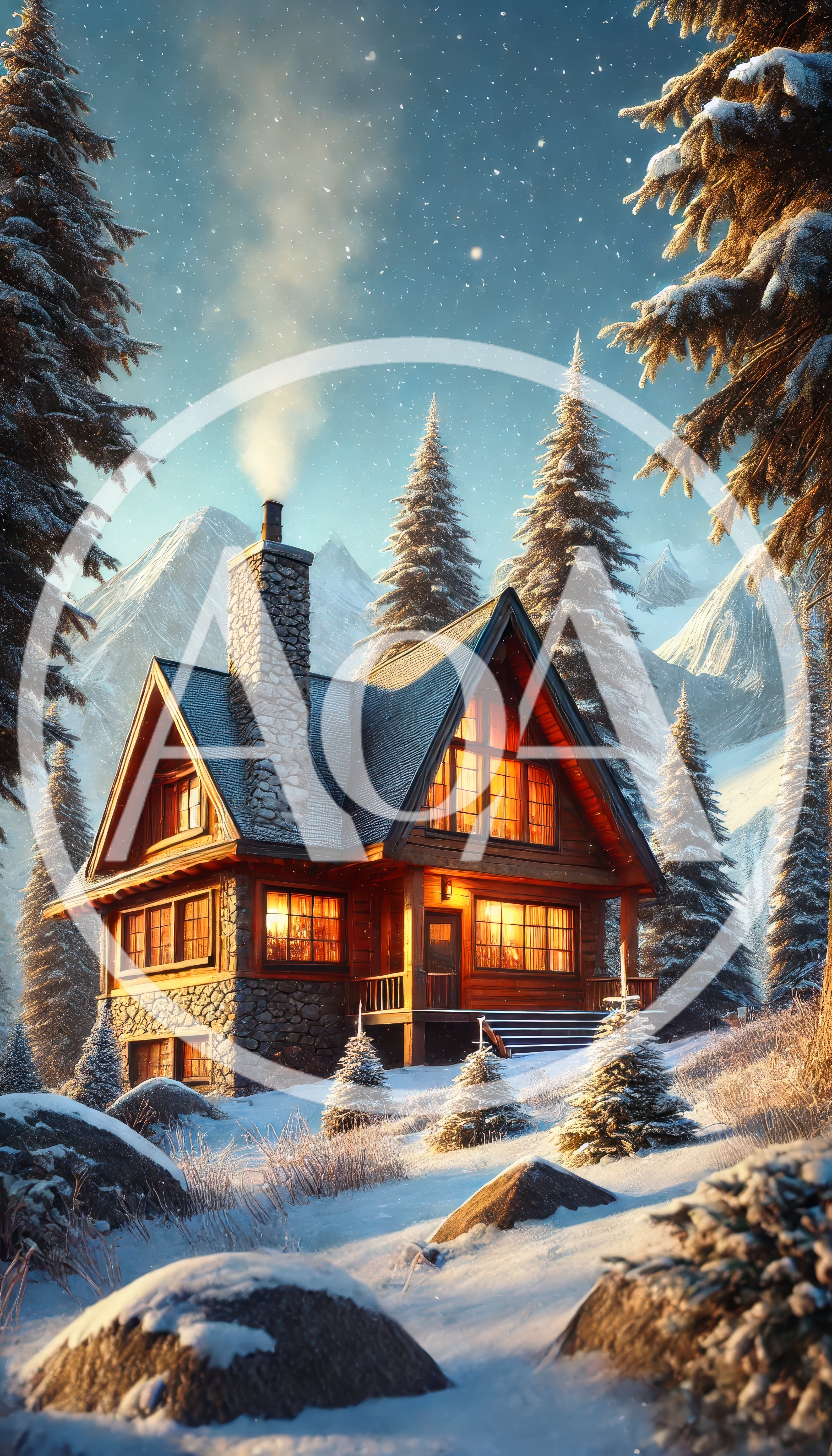 Cozy Log Cabin In Snowy Mountain Landscape