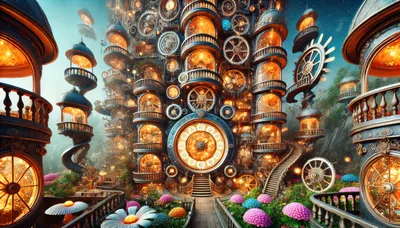 Steampunk Clockwork Tower With Glowing Windows And Gardens