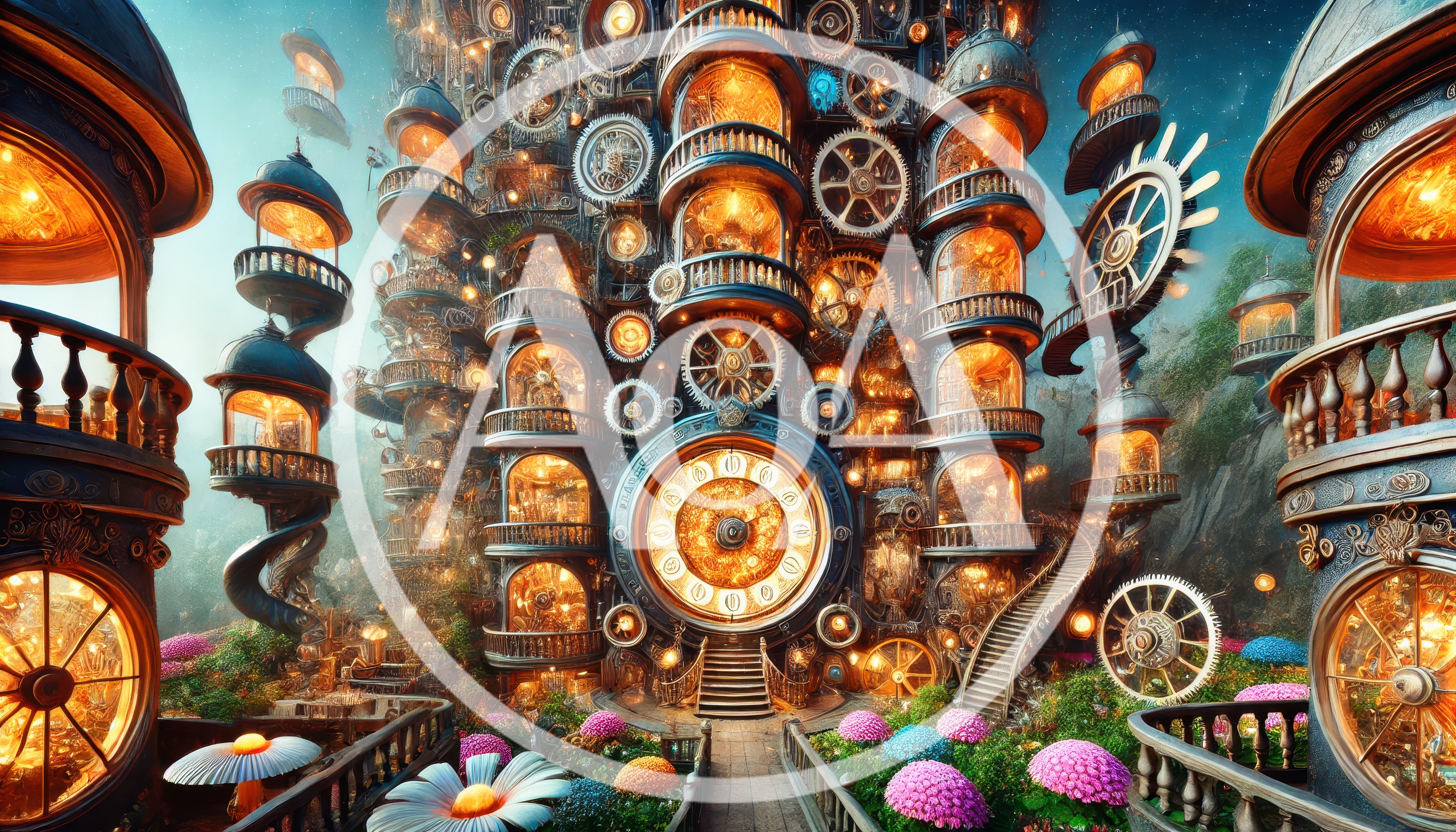 Steampunk Clockwork Tower With Glowing Windows And Gardens