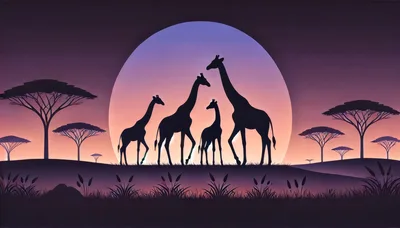 Silhouetted Giraffe Family Standing Against A Large Sunset