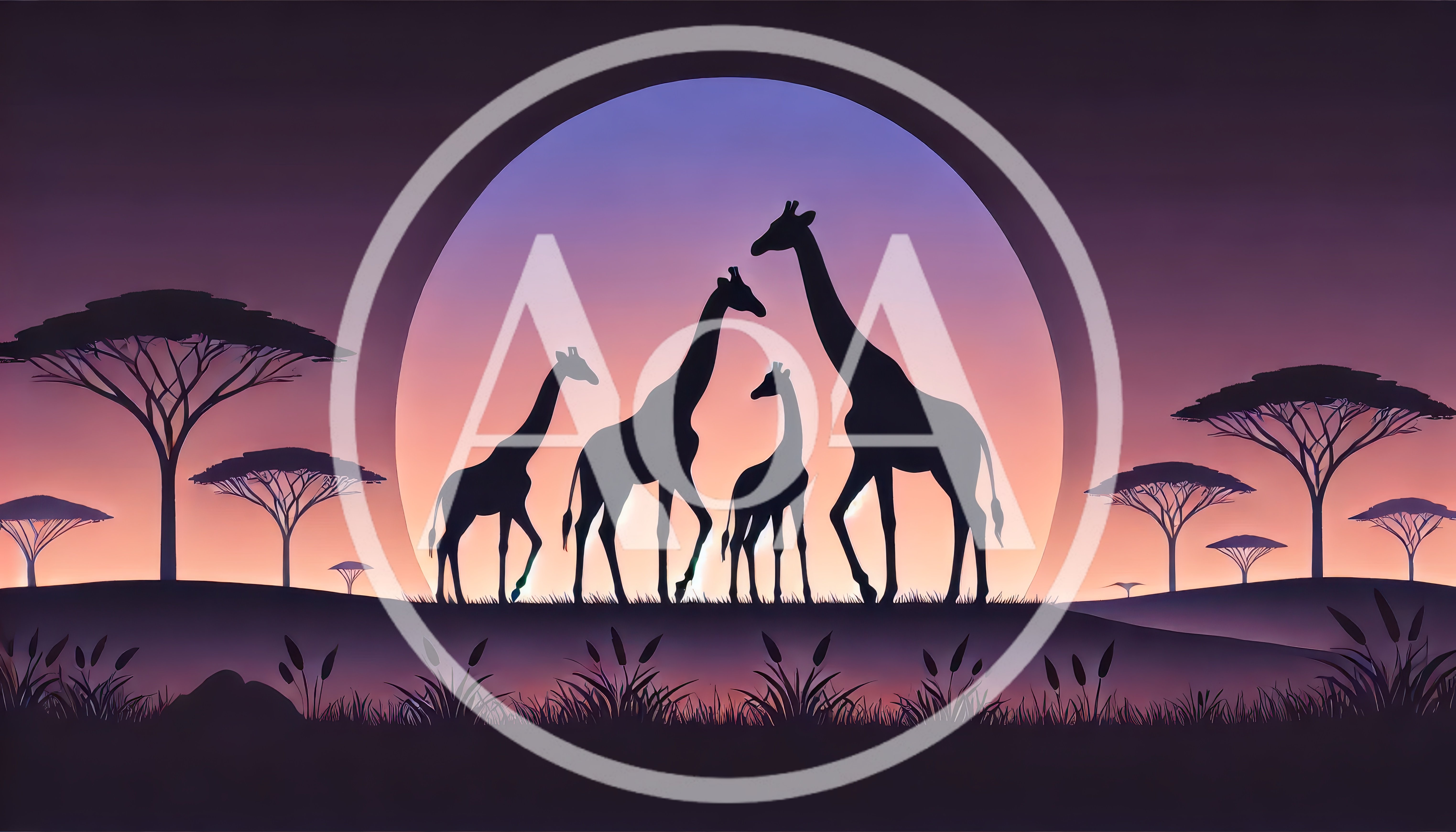 Silhouetted Giraffe Family Standing Against A Large Sunset