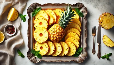 Fresh Pineapple Slices Arranged On An Ornate Metal Tray