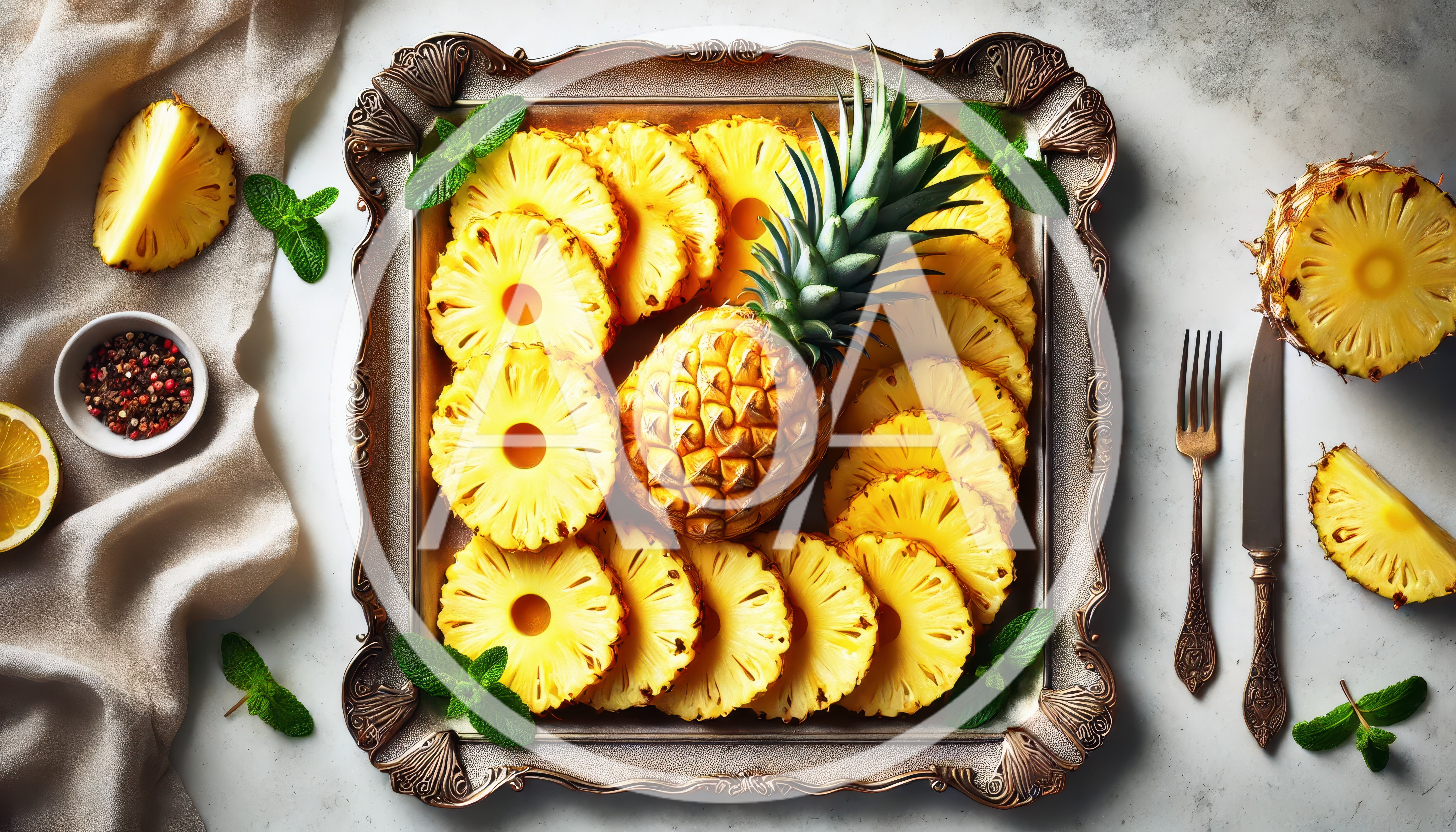 Fresh Pineapple Slices Arranged On An Ornate Metal Tray