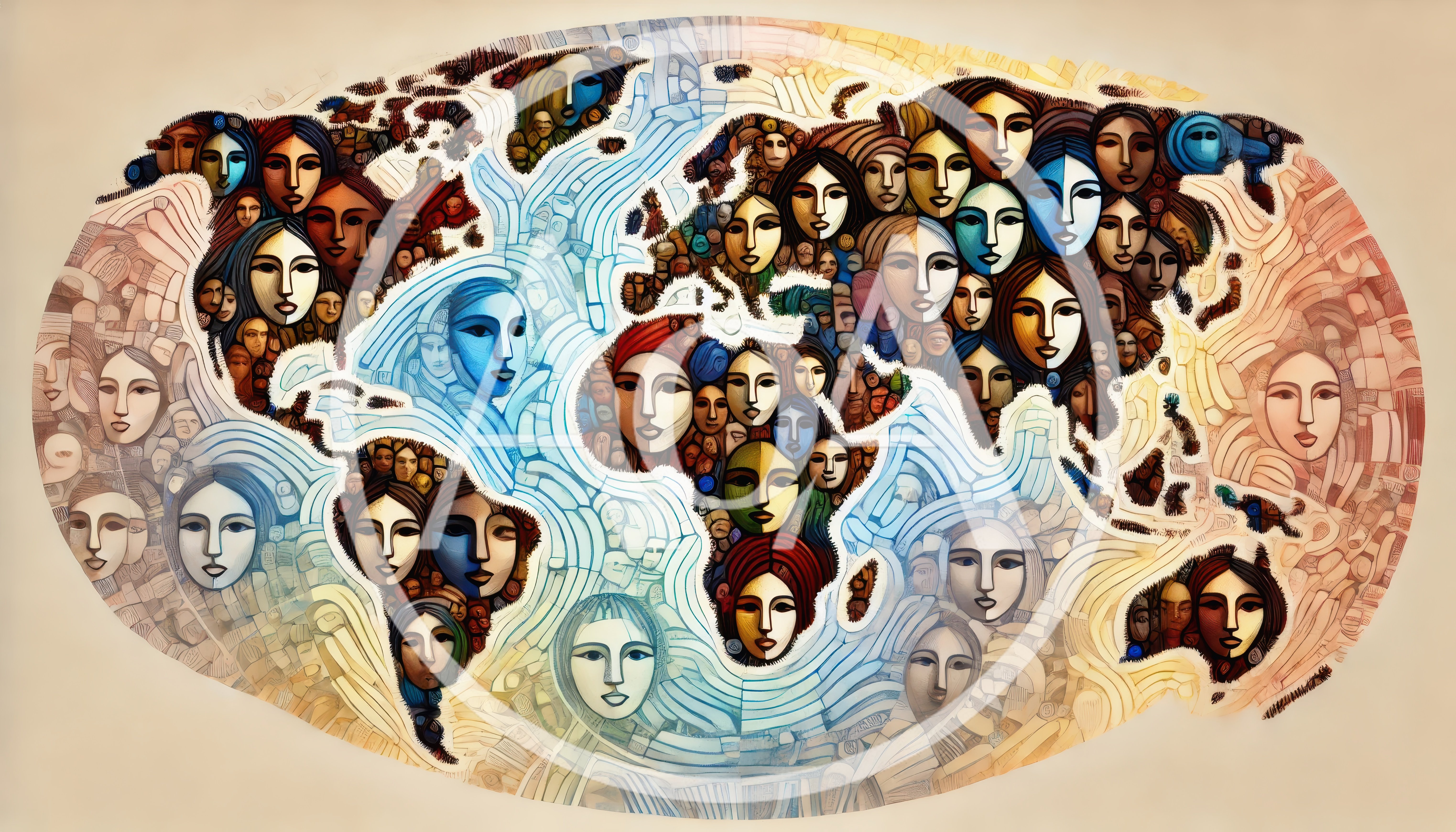 Stylized World Map Composed Of Diverse Human Faces