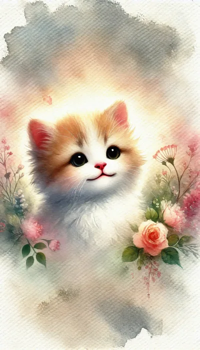 Cute Fluffy Kitten Surrounded By Watercolor Flowers