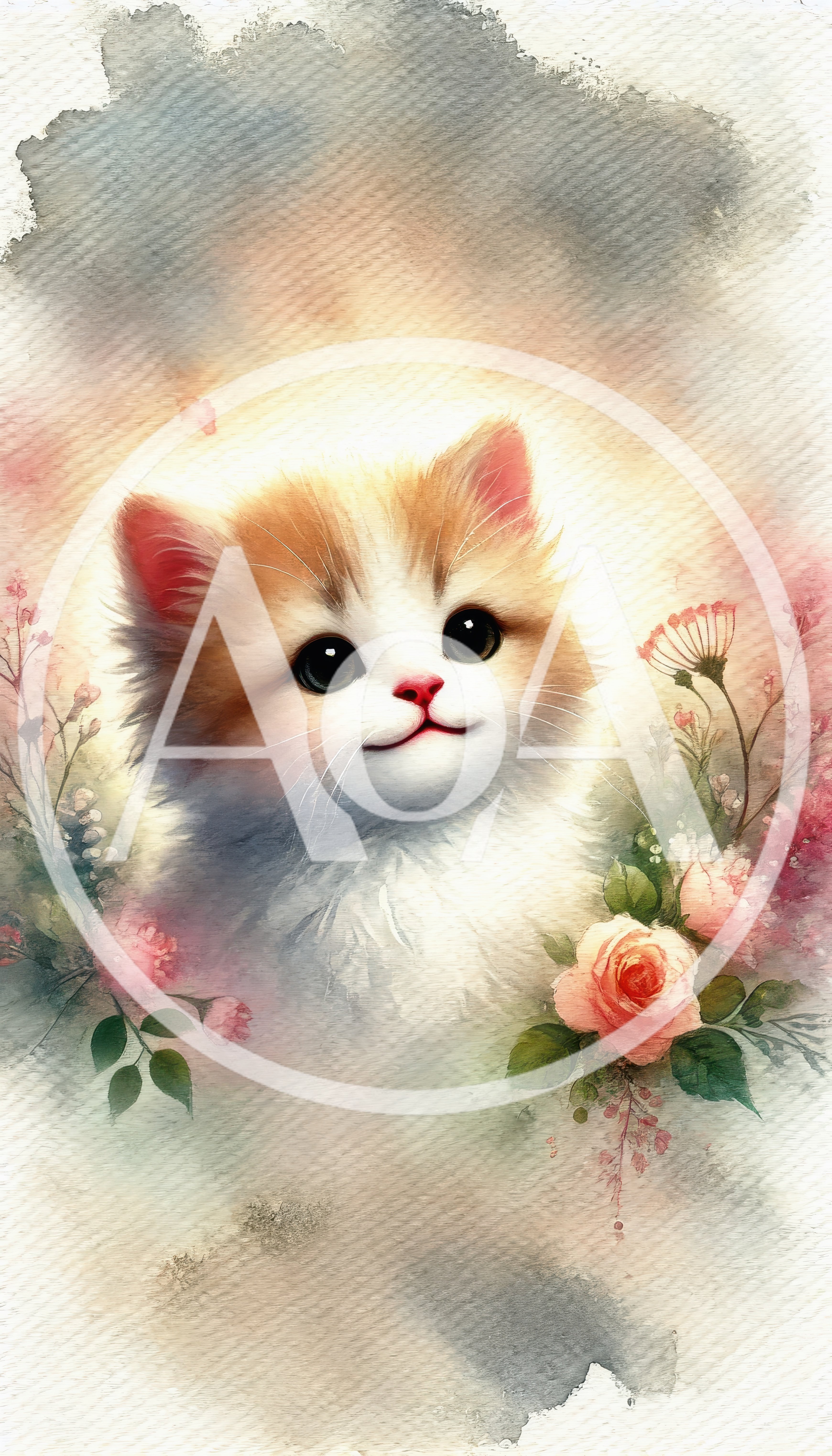 Cute Fluffy Kitten Surrounded By Watercolor Flowers