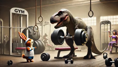 T-Rex and Rabbit Working Out in Gym