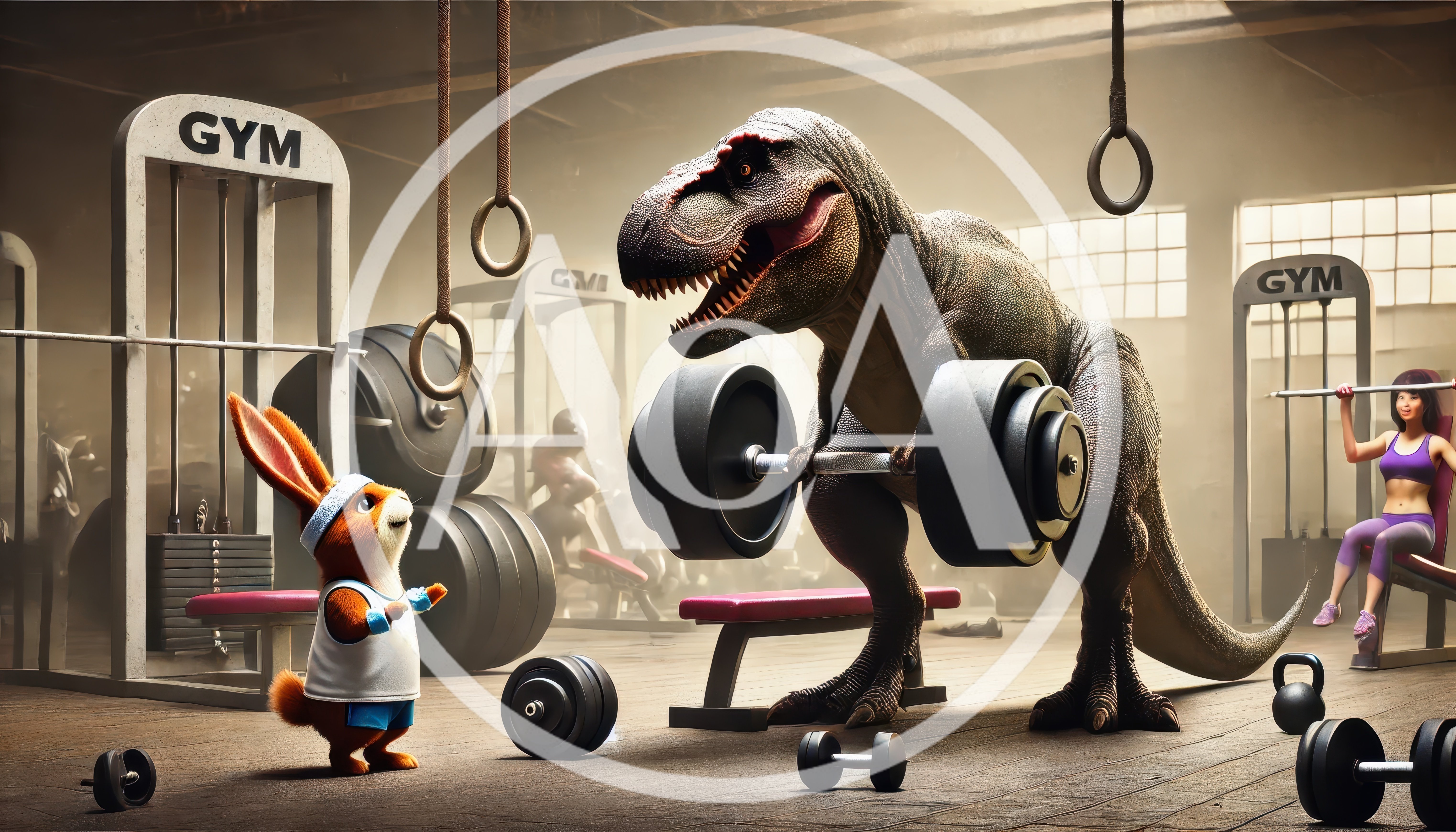 T-Rex and Rabbit Working Out in Gym