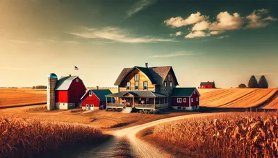 Rustic Farmhouse With Red Barns In Golden Cornfield