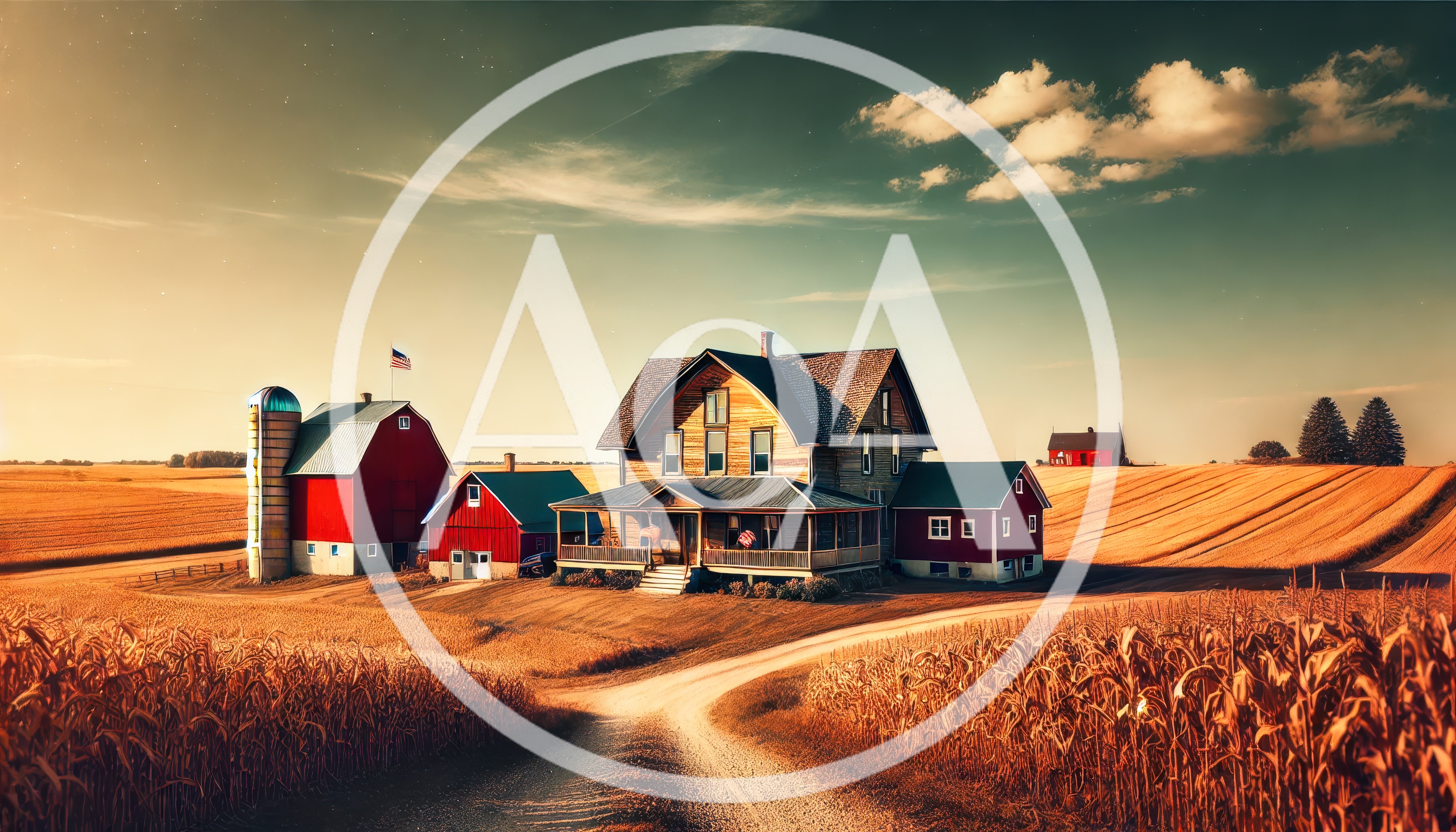 Rustic Farmhouse With Red Barns In Golden Cornfield