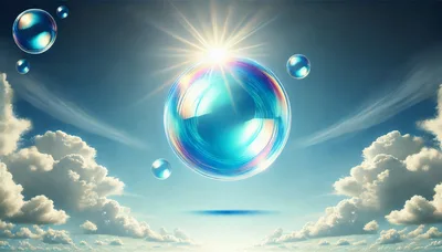 Large Iridescent Soap Bubble Floating In Sunny Blue Sky