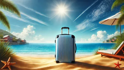 Blue Suitcase Standing on Tropical Beach