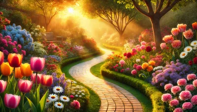Sunlit Garden Path With Vibrant Spring Flowers