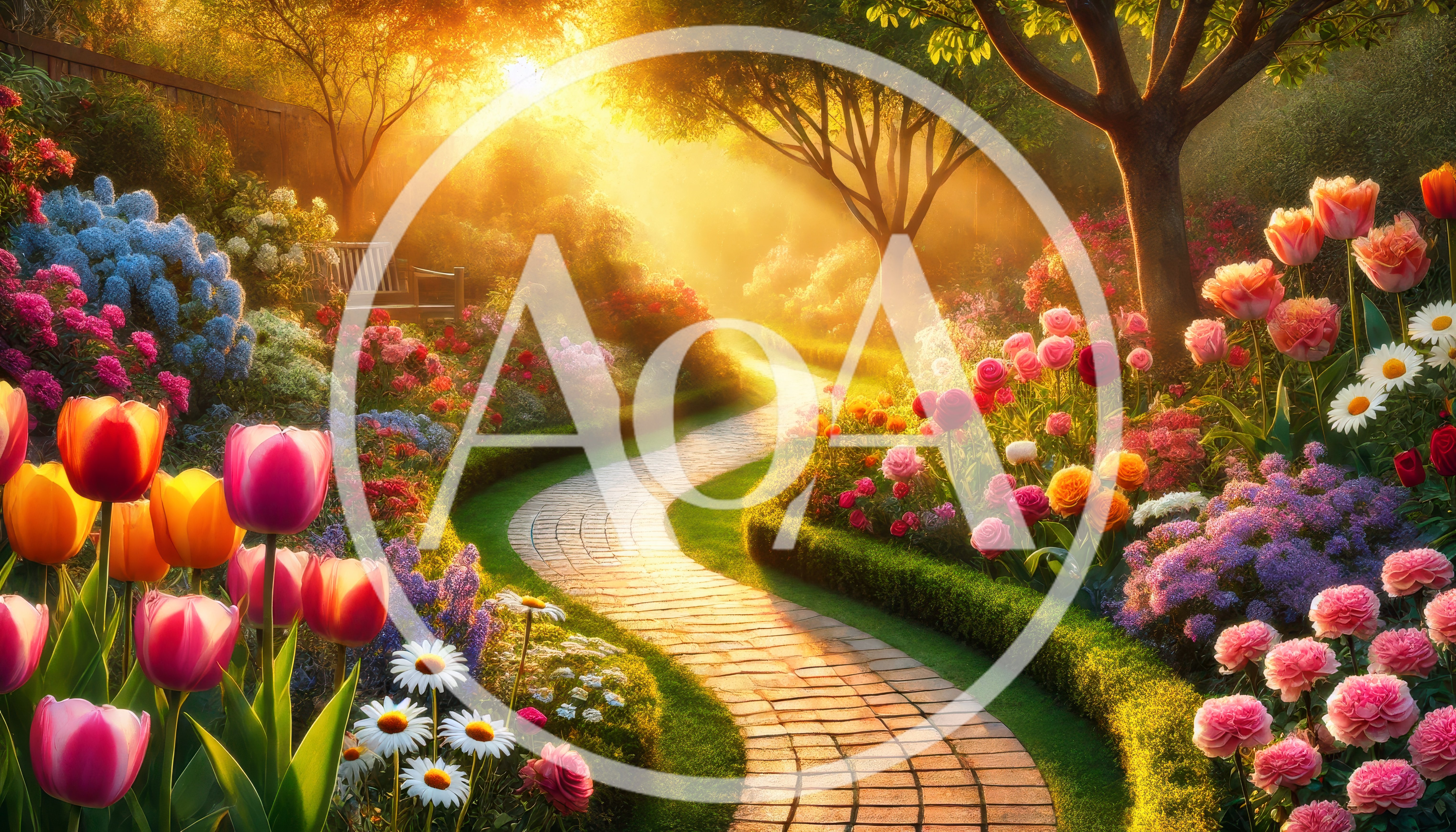 Sunlit Garden Path With Vibrant Spring Flowers