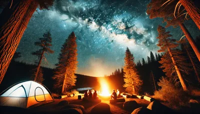 Group Camping Around A Campfire Under The Milky Way