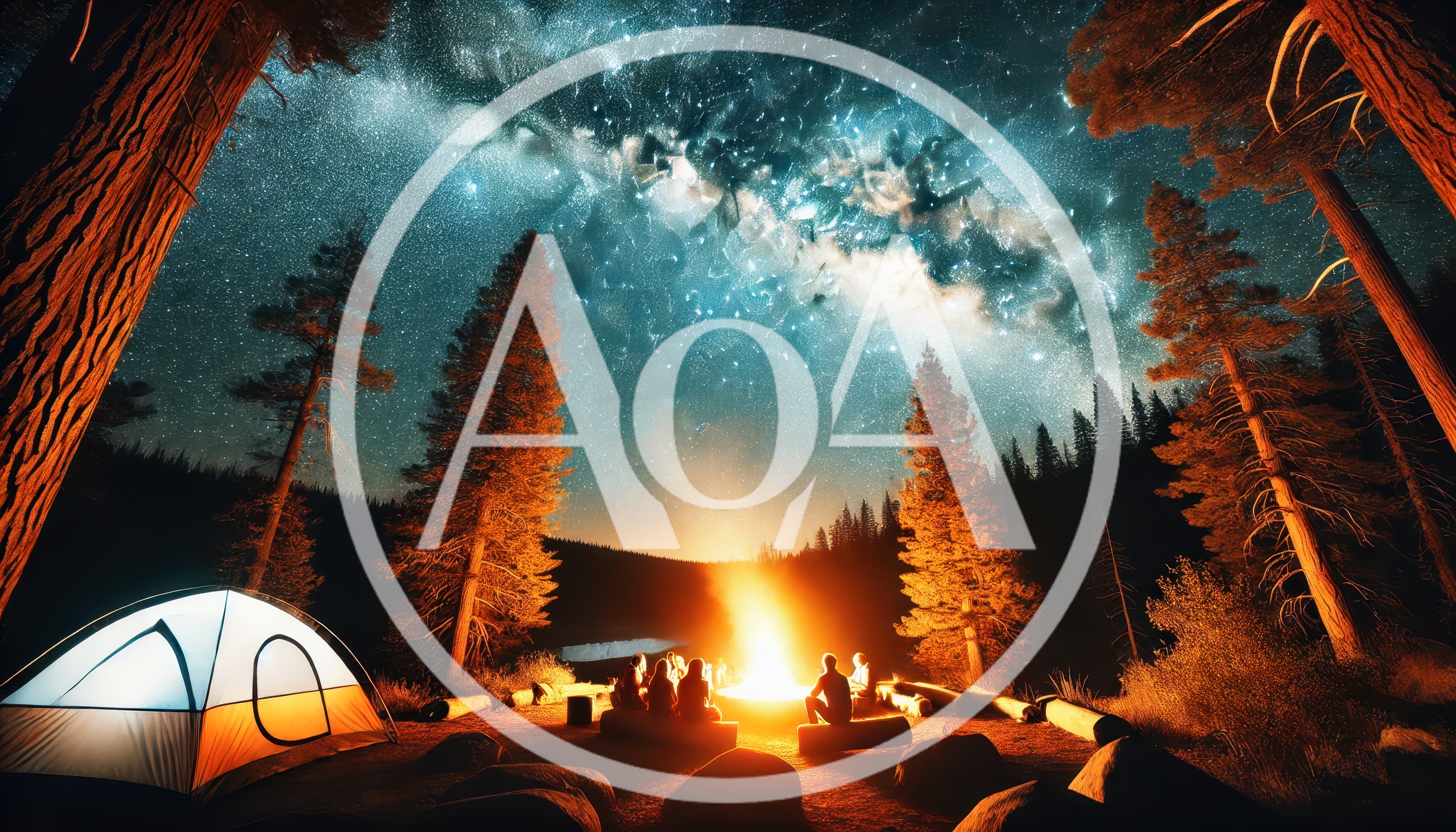 Group Camping Around A Campfire Under The Milky Way