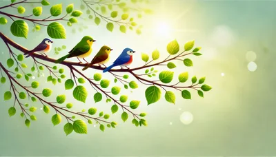 Four Colorful Birds Perched On A Sunny Tree Branch